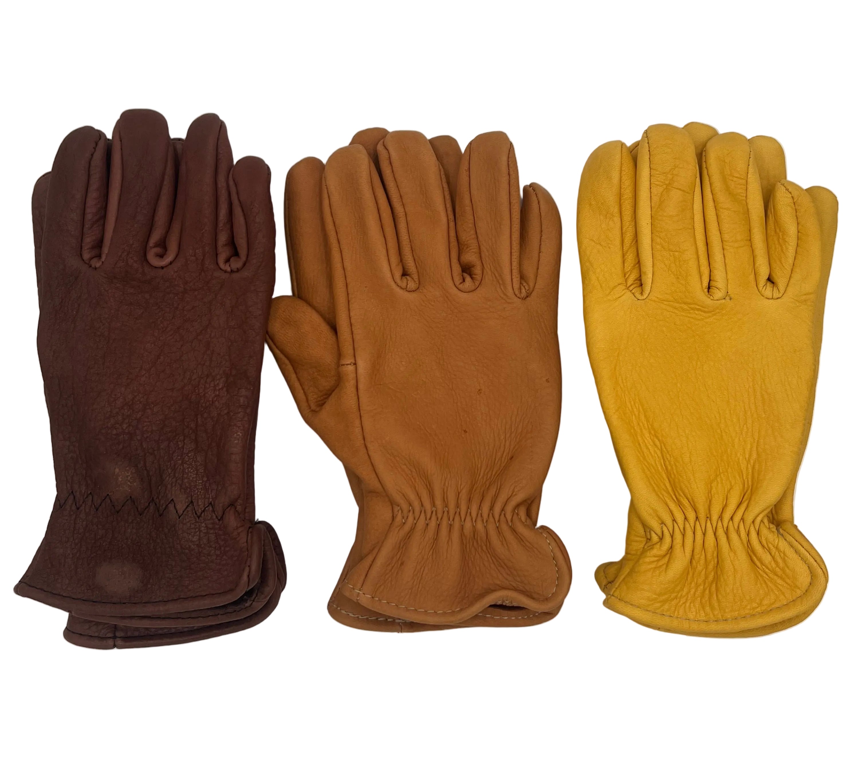 Three pairs of leather work gloves in yellow, tan, and dark brown, arranged vertically on a light gray background.