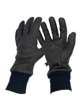 Load image into Gallery viewer, A pair of lined black elkskin leather gloves ribbed knit cuff d-rings glove clips