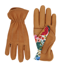 Load image into Gallery viewer, vintage stitched saddle tan deerskin gardening glove with reinforced palm in ladies sizes top view garden party fabric