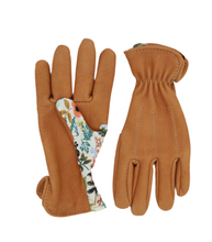 Load image into Gallery viewer, vintage stitched saddle tan deerskin gardening glove with reinforced palm in ladies sizes top view - natural fabric