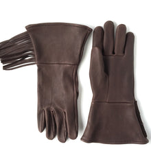 Load image into Gallery viewer, A pair of fringed deerskin leather gauntlets chocolate brown