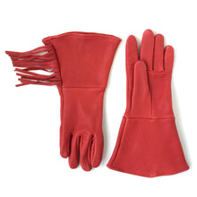 Load image into Gallery viewer, A pair of fringed deerskin leather gauntlets crimson red color