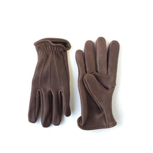 Load image into Gallery viewer, A pair of deerskin gloves short cuff with vintage stitch lines on the back chocolate brown