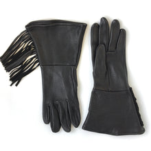 Load image into Gallery viewer, A pair of fringed deerskin leather gauntlets black