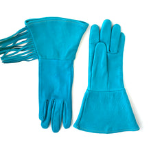 Load image into Gallery viewer, A pair of fringed deerskin leather gauntlets turquoise