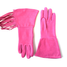 Load image into Gallery viewer, A pair of fringed deerskin leather gauntlets bubble gum pink