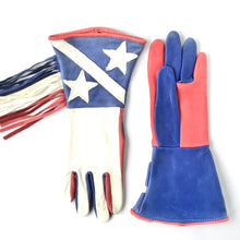 Load image into Gallery viewer, A pair of fringed deerskin leather gauntlets with colors red white and blue with USA stars and stripes
