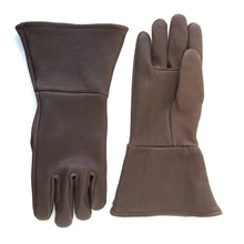 Load image into Gallery viewer, A pair of deerskin gauntlets top view showing extended cuff - made in the USA chocolate leather