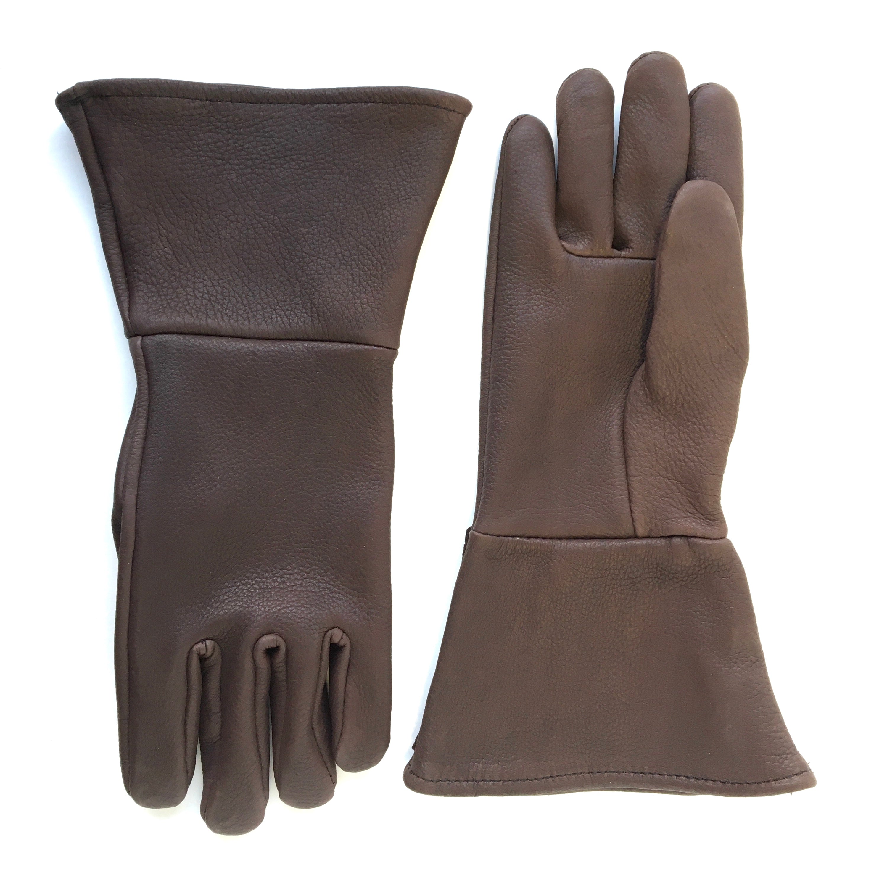 A pair of fleece lined winter deerskin gauntlets top view showing extended cuff - made in the USA chocolate