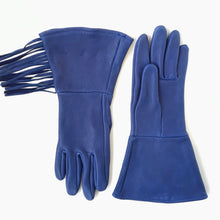 Load image into Gallery viewer, A pair of fringed deerskin leather gauntlets blue
