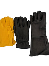 Load image into Gallery viewer, Three leather gloves laid flat on a light gray background: a mustard yellow glove on the left, a black glove in the center, and a larger black pebbled leather glove on the right.