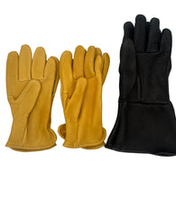 Load image into Gallery viewer, Two pairs of leather work gloves laid flat on a light gray surface: a pair of mustard yellow gloves on the left and a pair of black gloves on the right.