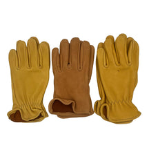 Load image into Gallery viewer, Three pairs of leather work gloves in different shades of tan and brown, arranged vertically on a plain white surface.