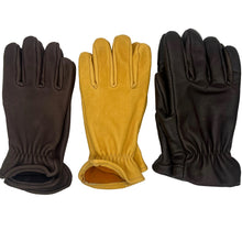 Load image into Gallery viewer, Three leather gloves laid flat on a light gray background: one dark brown, one mustard yellow, and one black.