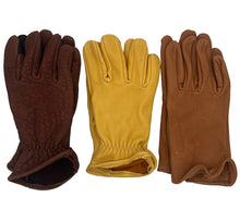 Load image into Gallery viewer, Three pairs of leather gloves laid flat on a light gray background: one dark brown glove on the left, one mustard yellow glove in the center, and one tan-brown glove on the right.