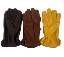 Load image into Gallery viewer, Three pairs of leather gloves laid flat side by side on a light gray background: one dark brown, one medium brown, and one mustard yellow.