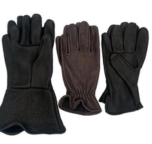 Load image into Gallery viewer, Three leather gloves laid flat on a light gray background: two black gloves on the left and right and one dark brown glove in the center.