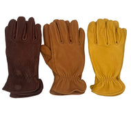 Three pairs of leather work gloves in yellow, tan, and dark brown, arranged vertically on a light gray background.