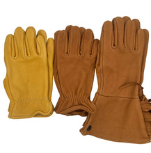 Load image into Gallery viewer, Three pairs of leather work gloves in different shades of brown and tan, laid flat on a light gray background.