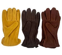 Load image into Gallery viewer, Three pairs of leather gloves laid flat on a light gray background: one mustard yellow, one dark brown, and one reddish-brown.