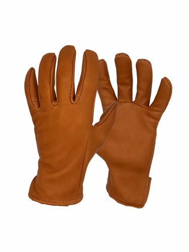 A man wearing a pair of tan leather goatskin gloves made in the USA