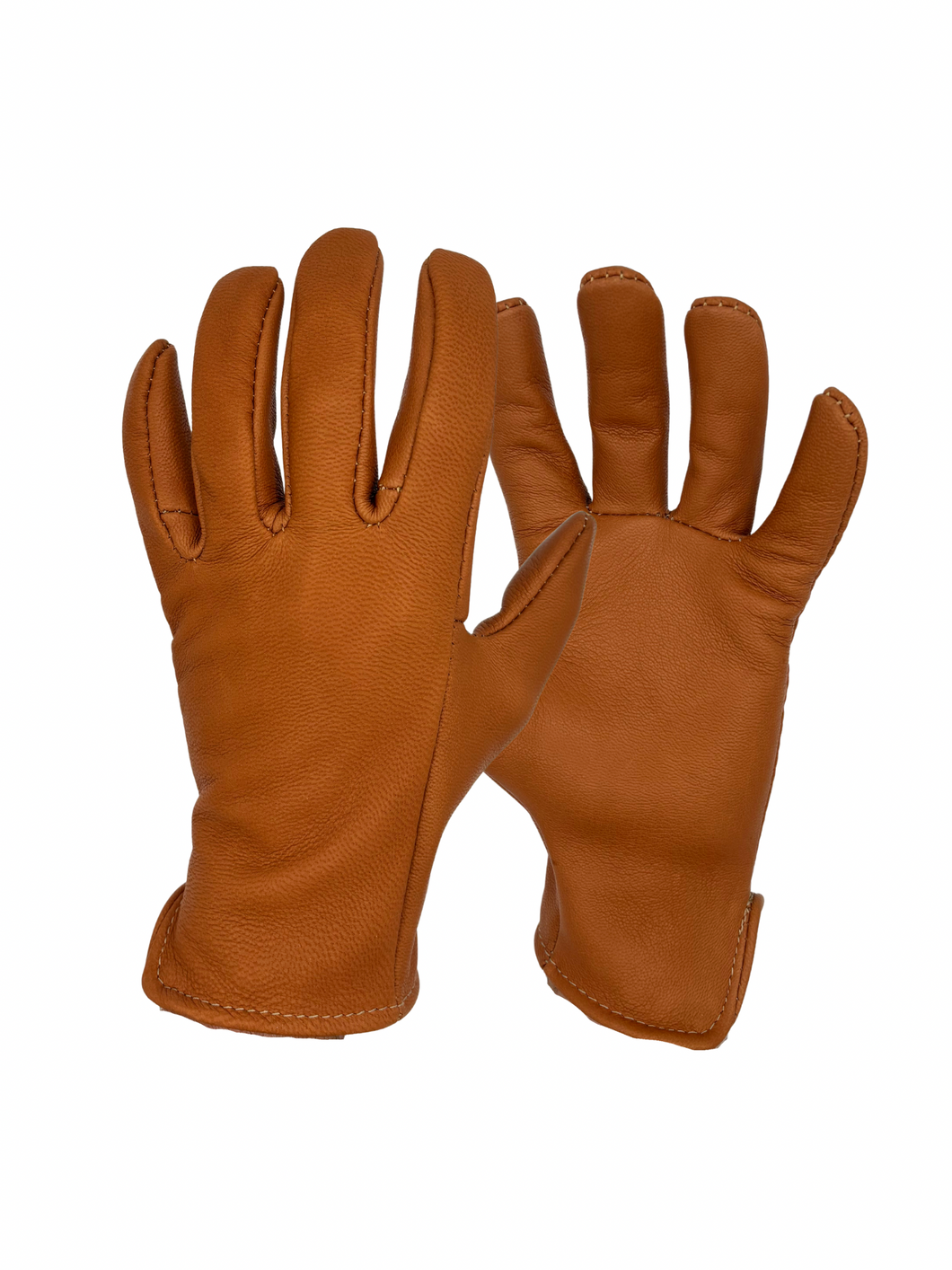 A man wearing a pair of tan leather goatskin gloves made in the USA
