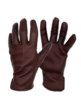 Load image into Gallery viewer, A pair of USA made goatskin leather gloves in chocolate leather from the front 