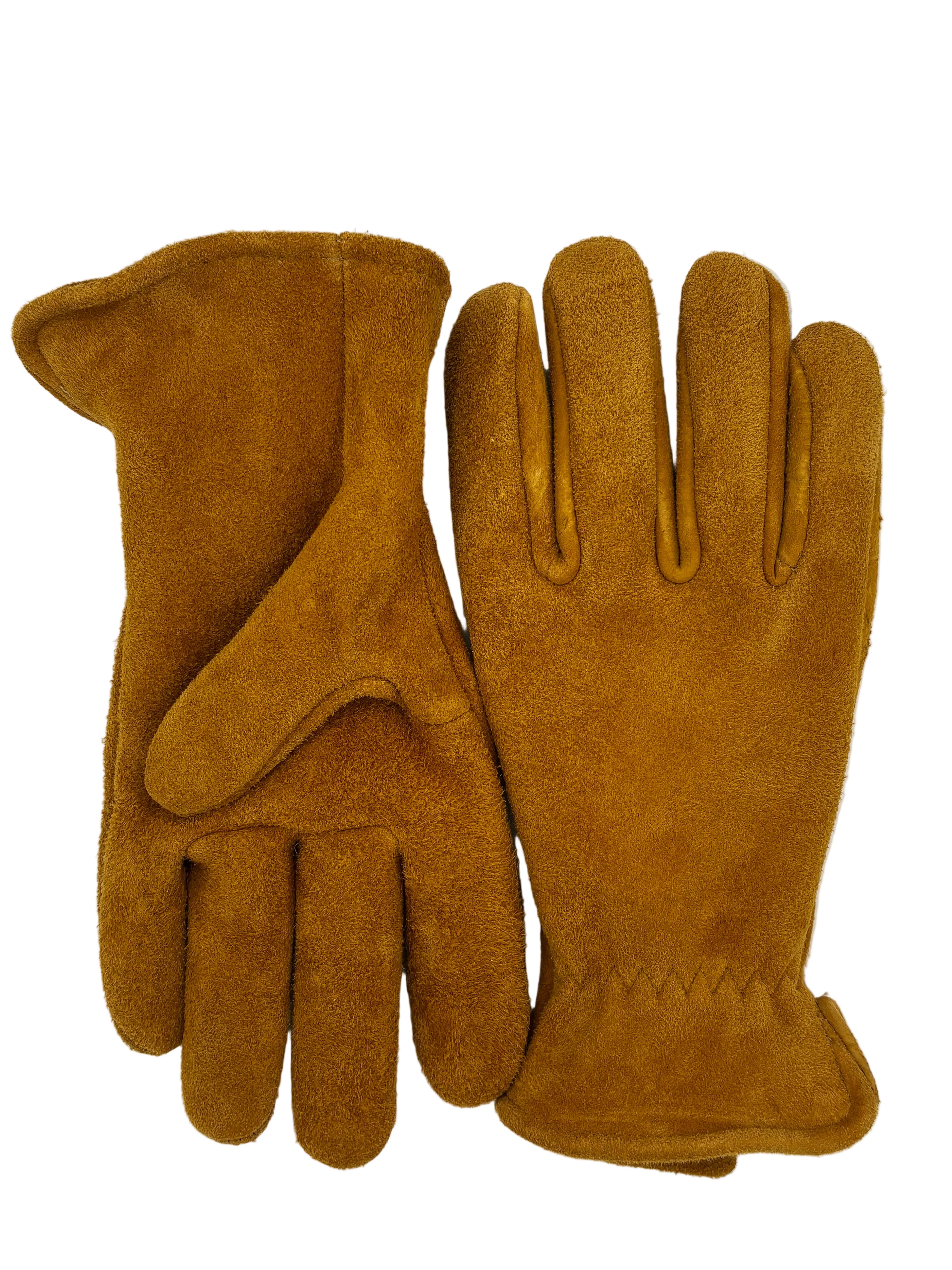 A pair of green-gold deerskin leather work gloves with a suede out, displayed flat against a plain white background.