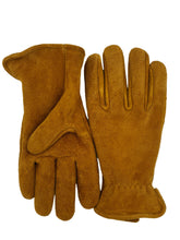 Load image into Gallery viewer, A pair of green-gold deerskin leather work gloves with a suede out, displayed flat against a plain white background.