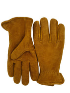 A pair of green-gold deerskin leather work gloves with a suede out, displayed flat against a plain white background.