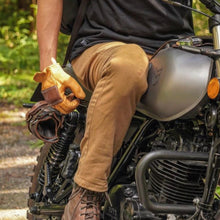 Load image into Gallery viewer, Man on motorcycle wearing USA made 80th anniversary saddle tan shorty