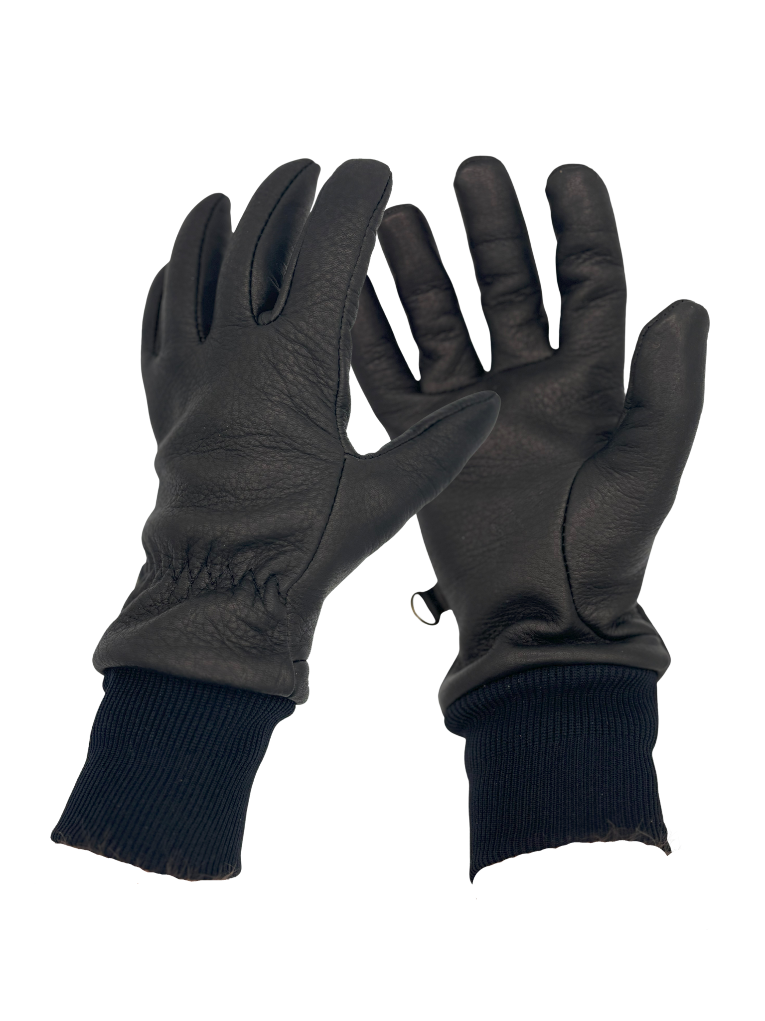 A pair of lined black elkskin leather gloves ribbed knit cuff d-rings glove clips