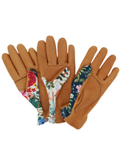 Load image into Gallery viewer, all three styles top view of vintage stitched saddle tan deerskin gardening glove with reinforced palm in ladies sizes 