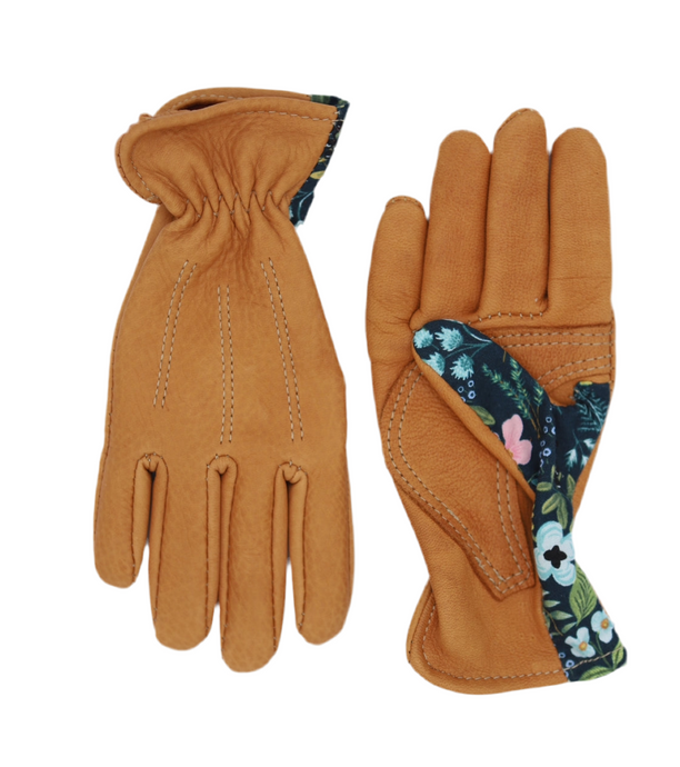 vintage stitched saddle tan deerskin gardening glove with reinforced palm in ladies sizes top view - navy fabric