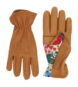 vintage stitched saddle tan deerskin gardening glove with reinforced palm in ladies sizes top view garden party fabric