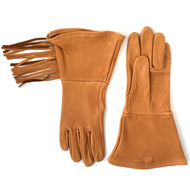 A pair of fringed deerskin leather gauntlets saddle tan color